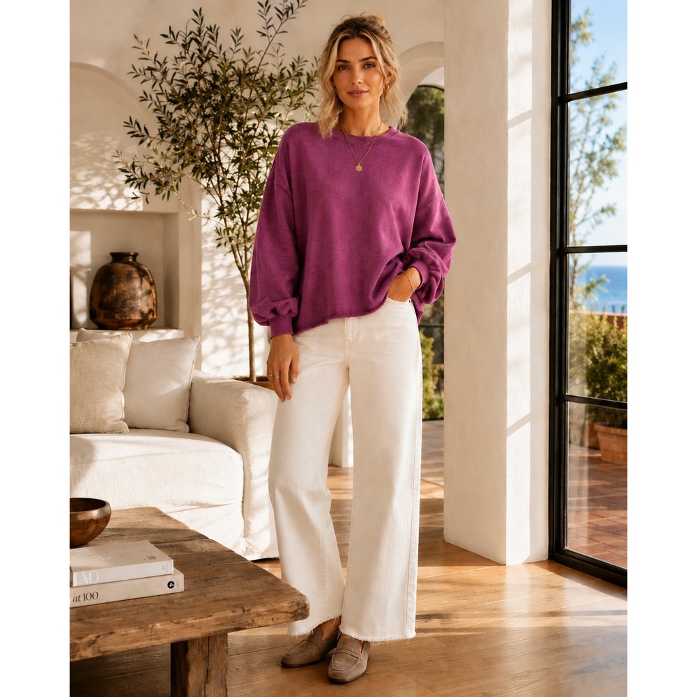 Xirena Honor Oversized Raw Hem Fleece Sweatshirt Magenta Small